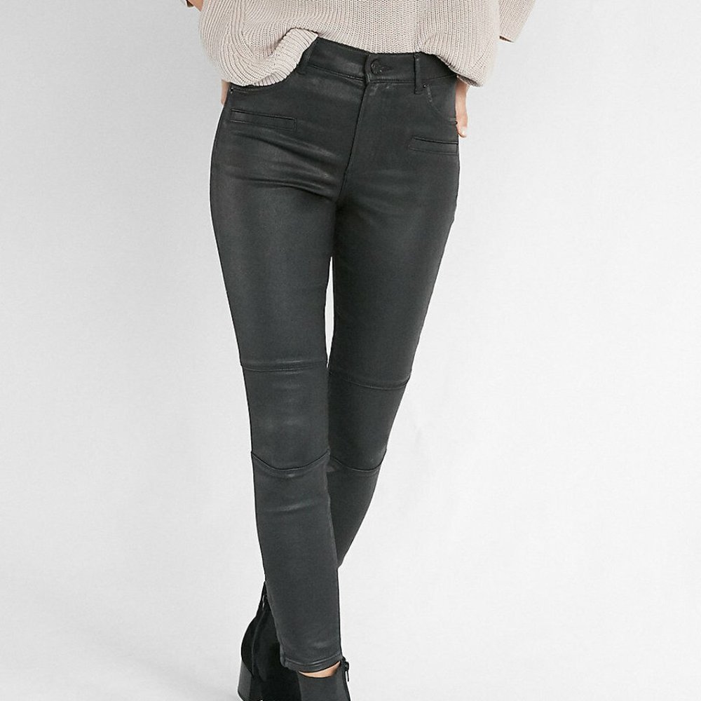 Express Black Coated Moto High Rise Stretch Ankle Leggings
